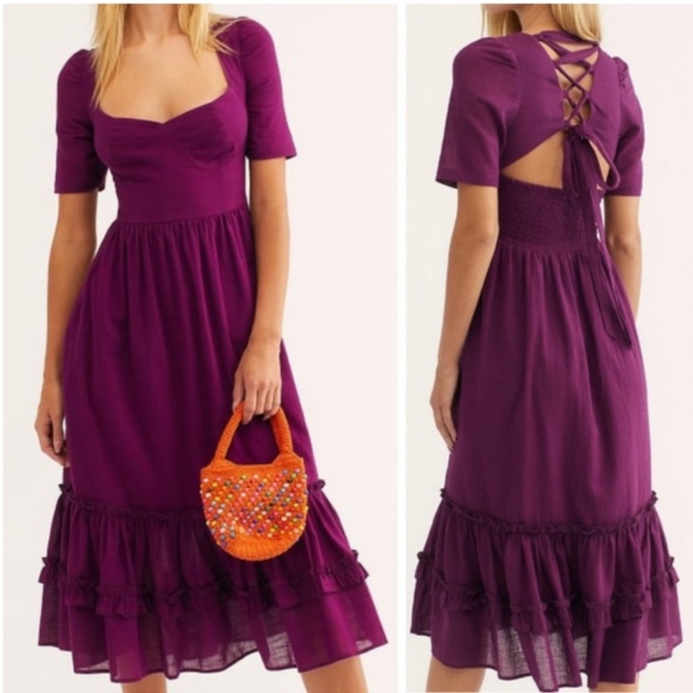 Frances Lace Up Back Flounced Midi Dress